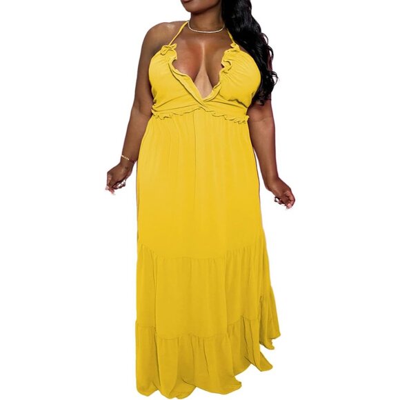 Plus Size Maxi Dress Oversized Sleeveless Halter Tiered Ruffle Flowy - Picture 5 of 6